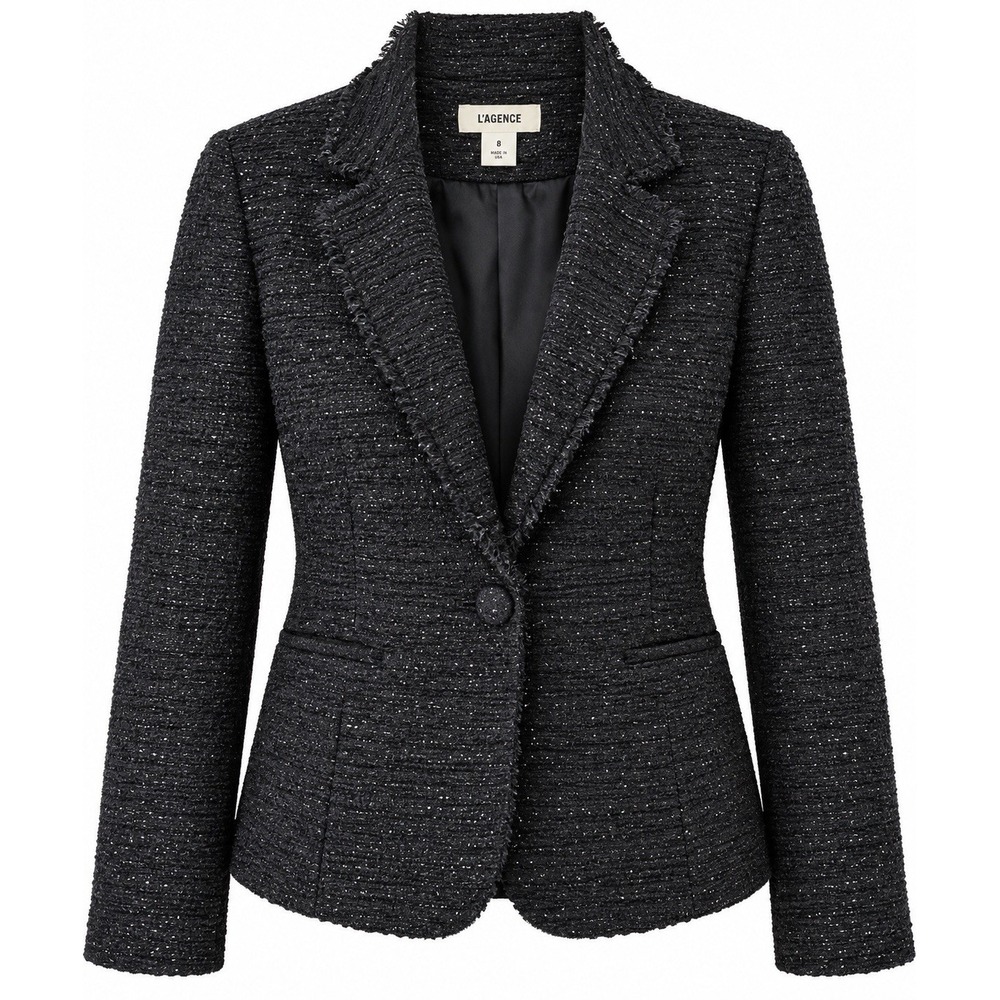 L'AGENCE Blazer Women 8 Black Metallic Tweed Wool Blend Made USA One Button